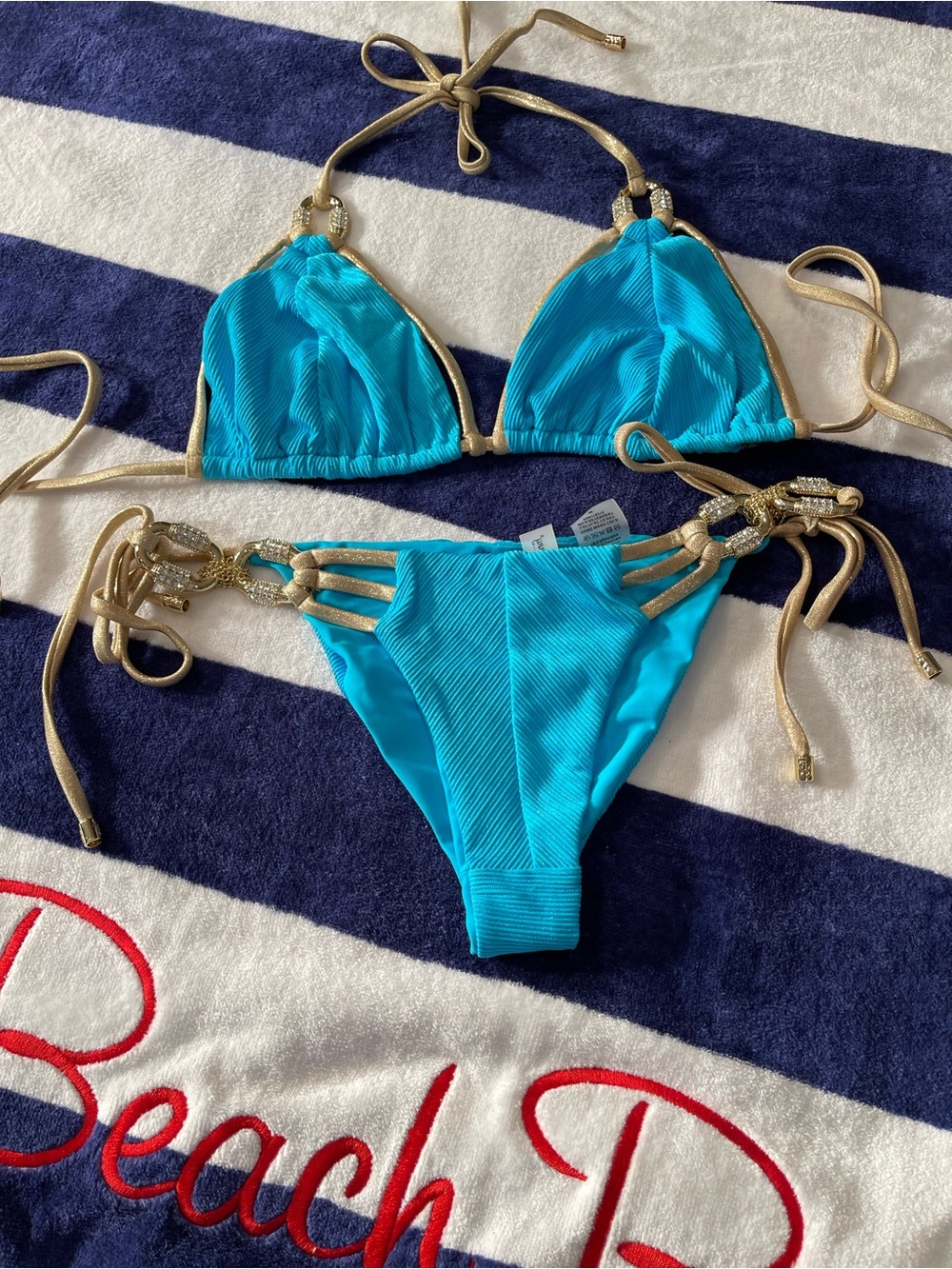 NWOT beach bunny bikini Madagascar aqua blue and gold no flaws XL/M set